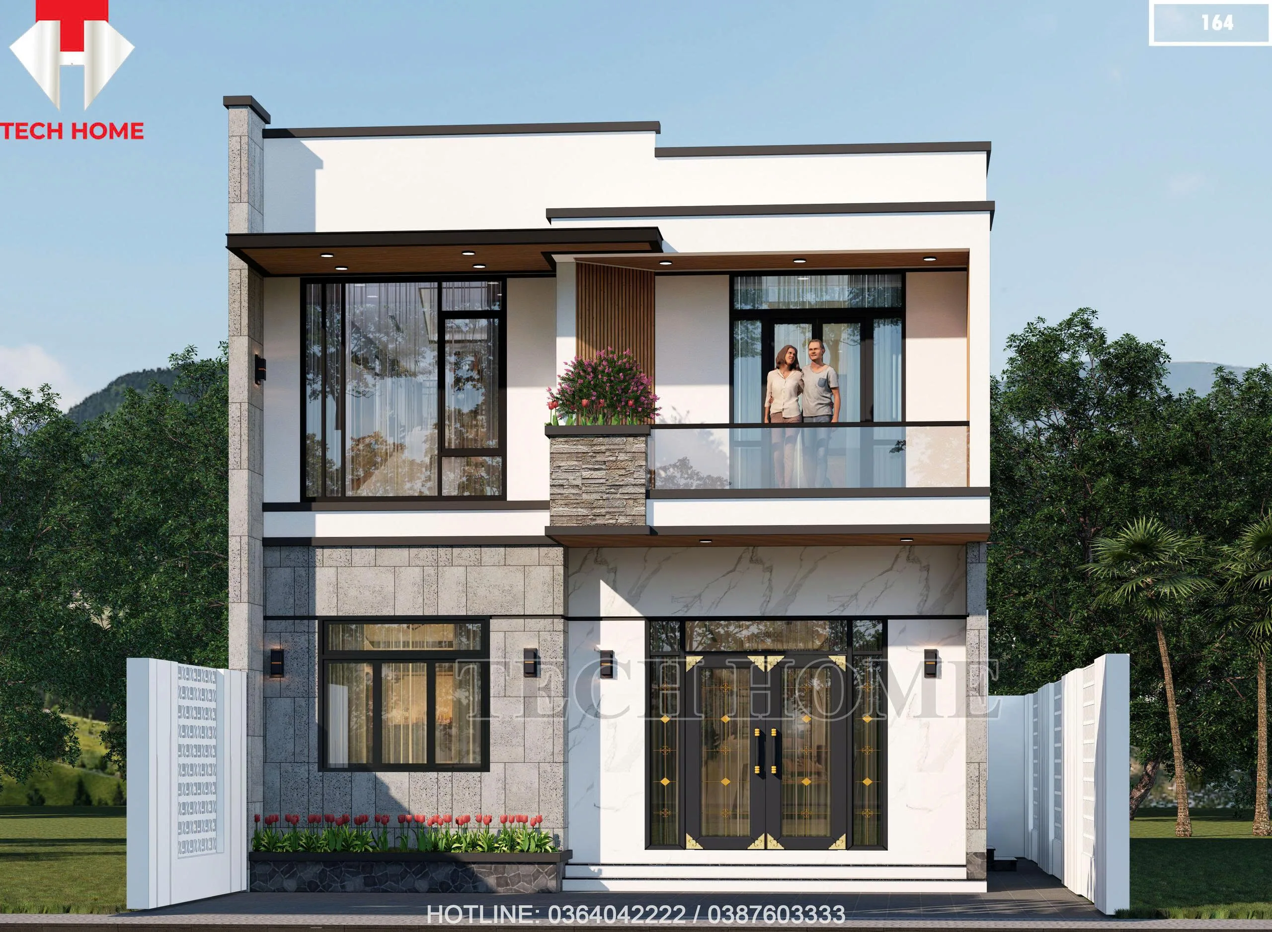 Phối cảnh mặt tiền mẫu nhà 2 tầng hiện đại 100m2 sang trọng tại Bình Minh, Hà Nội.