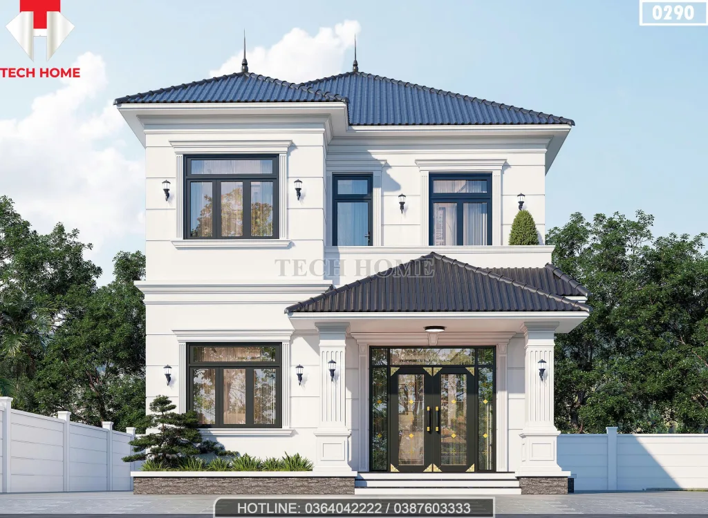 Phối cảnh mặt tiền mẫu nhà 2 tầng mái Nhật hiện đại mặt tiền 8.5m tại Hà Nội.