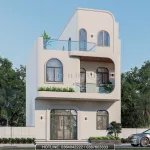 Phối cảnh mặt tiền mẫu nhà 3 tầng hiện đại với ban công bo tròn tinh tế tại Thạch Bàn.