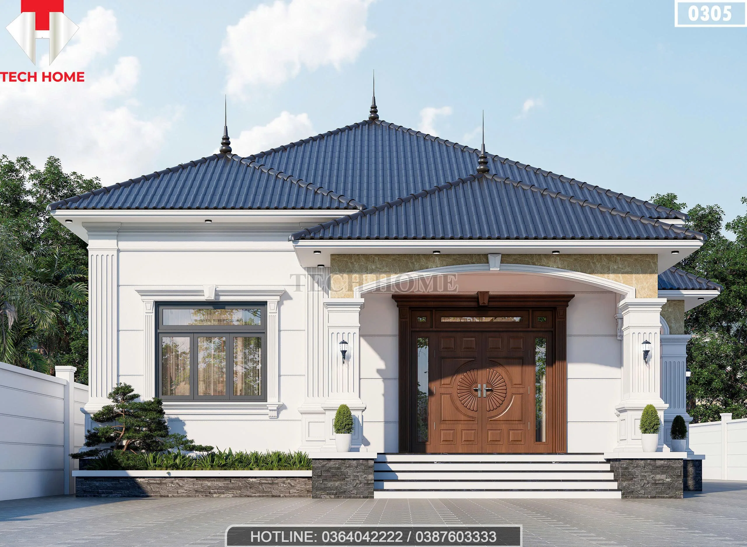 Phối cảnh mặt tiền mẫu nhà mái Nhật 1 tầng tân cổ điển sang trọng tại Hải Phòng.