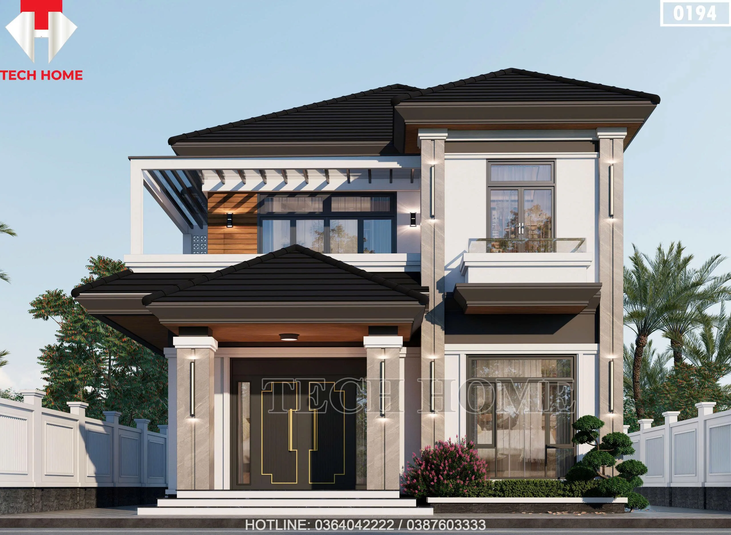 Phối cảnh mặt tiền mẫu nhà mái Nhật 2 tầng hiện đại của gia đình anh Vân tại Bắc Giang.