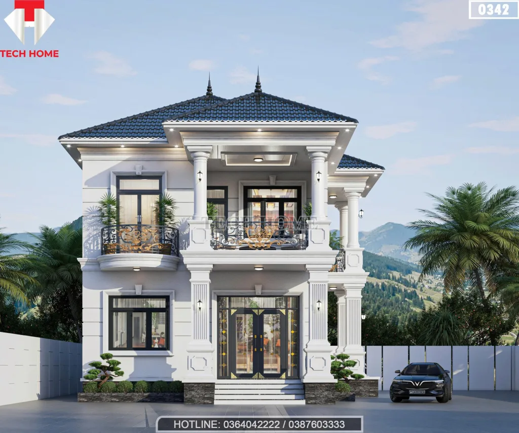 Phối cảnh mặt tiền mẫu nhà mái nhật 2 tầng tân cổ điển sơn trắng sứ sang trọng tại Thái Nguyên.