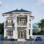Phối cảnh mặt tiền mẫu nhà mái nhật 2 tầng tân cổ điển sơn trắng sứ sang trọng tại Thái Nguyên.