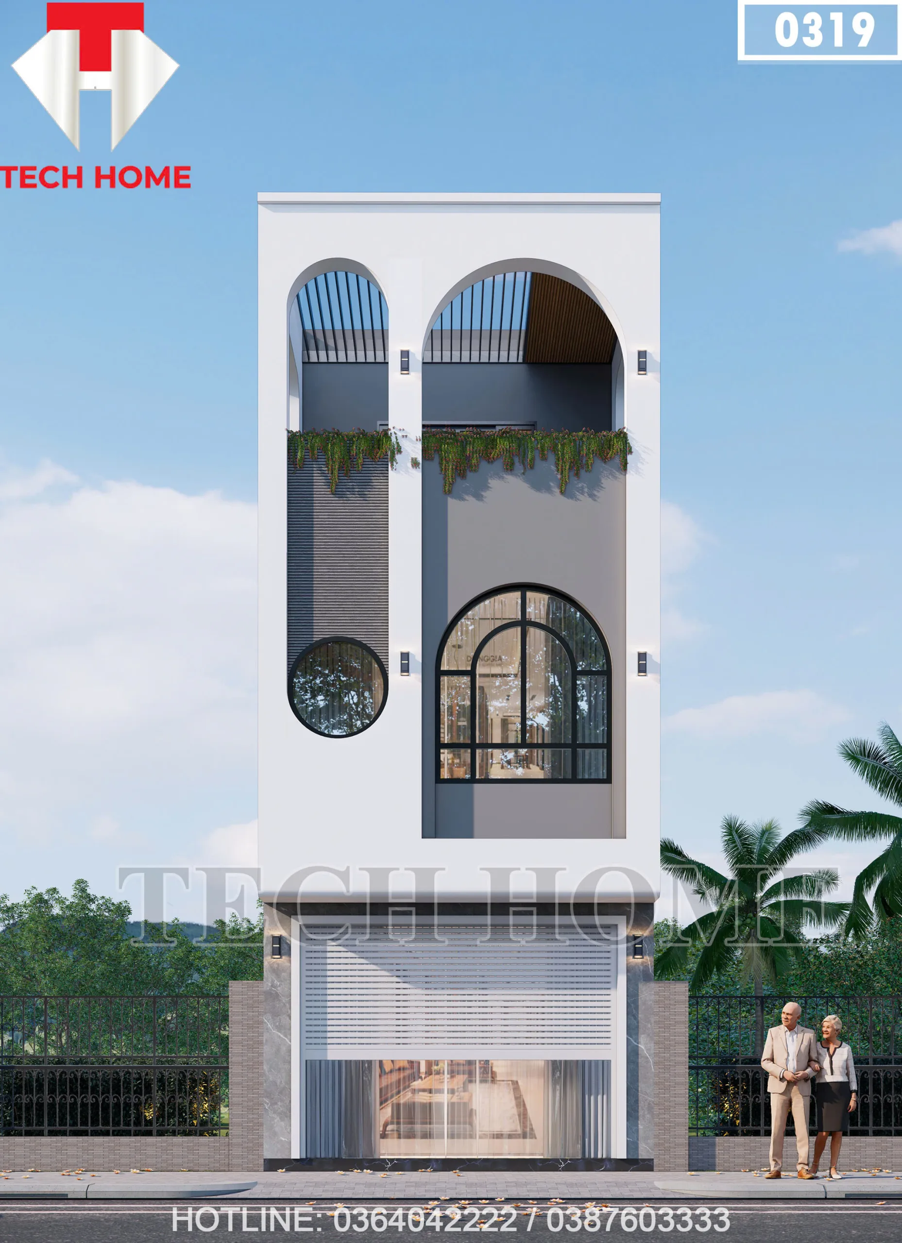 Phối cảnh 3D ngoại thất mẫu nhà ống 3 tầng kết hợp kinh doanh hiện đại mặt tiền 4.5m tại Bắc Ninh.