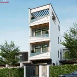 Phối cảnh góc nghiêng bên phải mẫu nhà ống 4 tầng hiện đại có cổng sắt và tường rào thông thoáng.