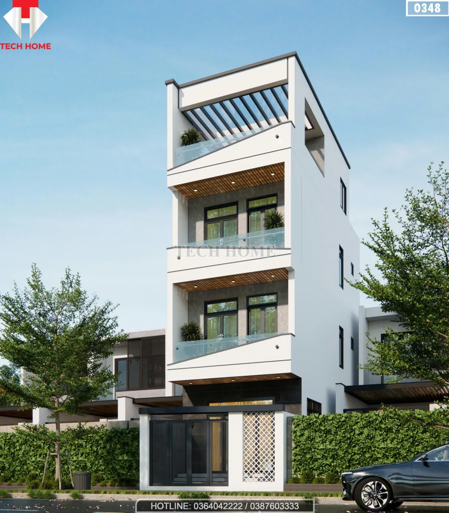 Phối cảnh góc nghiêng bên phải mẫu nhà ống 4 tầng hiện đại có cổng sắt và tường rào thông thoáng.