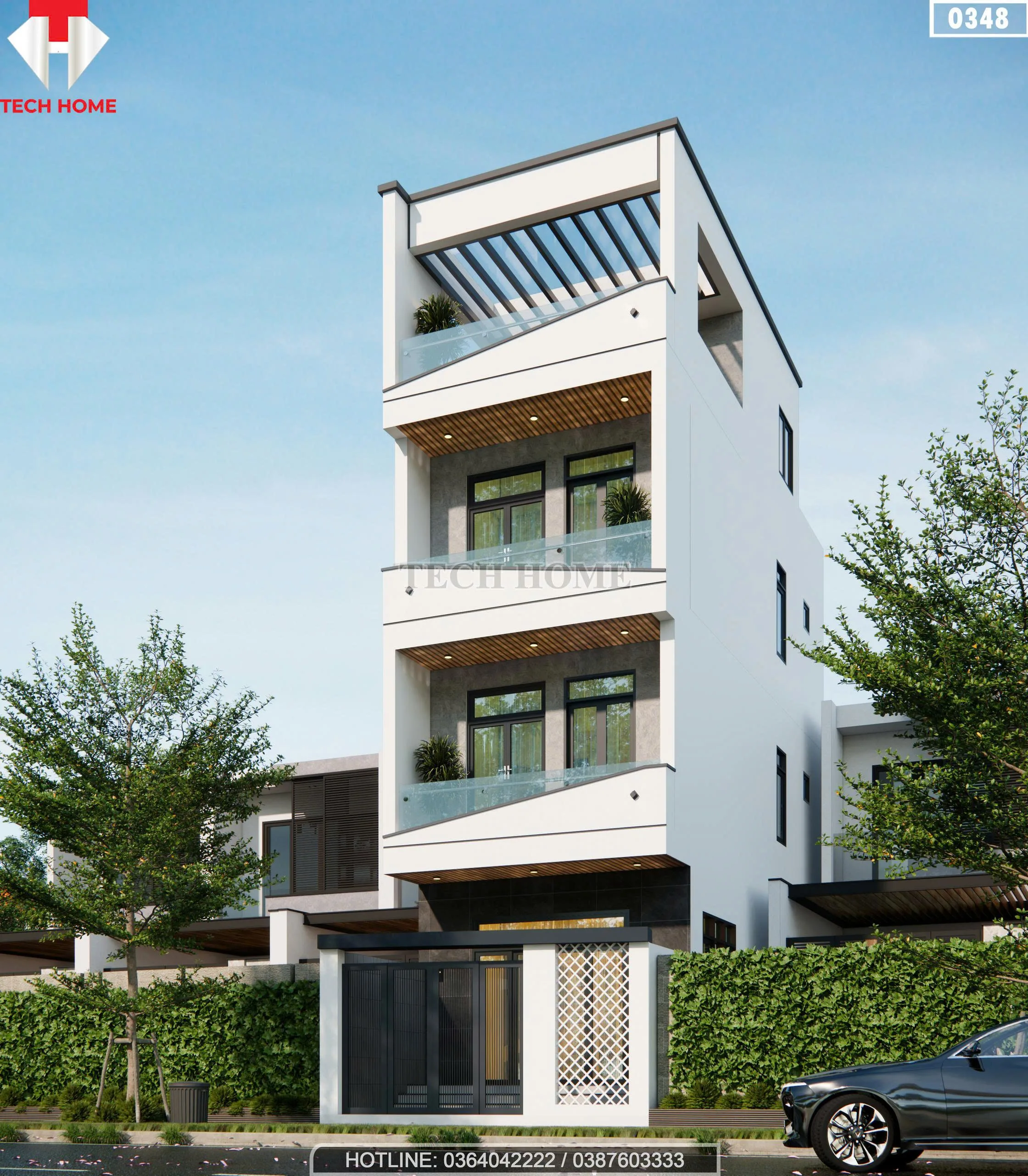 Phối cảnh góc nghiêng bên phải mẫu nhà ống 4 tầng hiện đại có cổng sắt và tường rào thông thoáng.