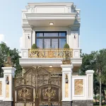 Hệ cổng nhôm đúc nghệ thuật đẳng cấp cho mẫu nhà phố 2 tầng tân cổ điển.