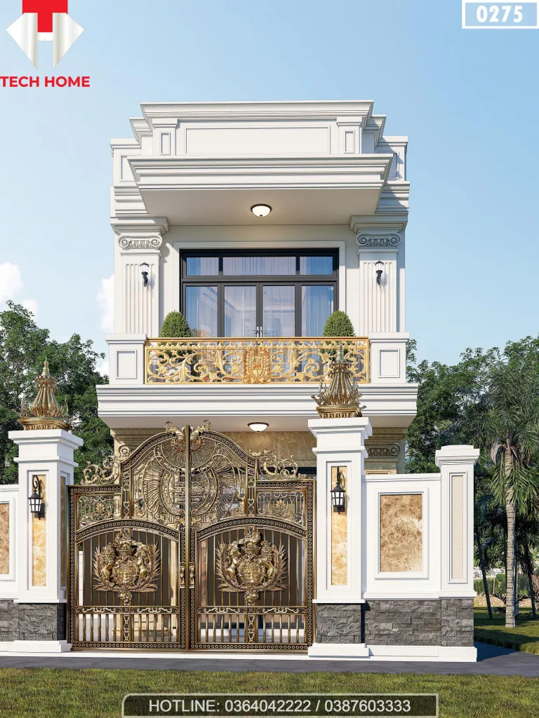 Hệ cổng nhôm đúc nghệ thuật đẳng cấp cho mẫu nhà phố 2 tầng tân cổ điển.