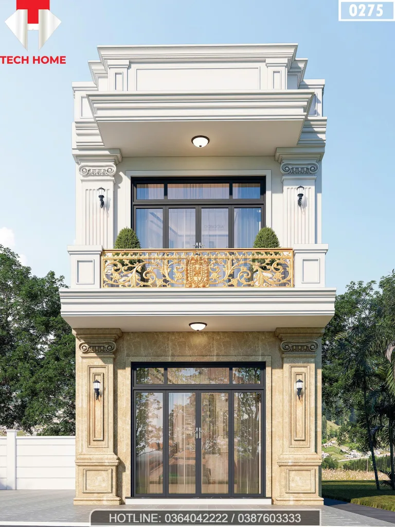Phối cảnh mặt tiền mẫu nhà phố 2 tầng tân cổ điển sang trọng của anh Thắng tại Ninh Bình.