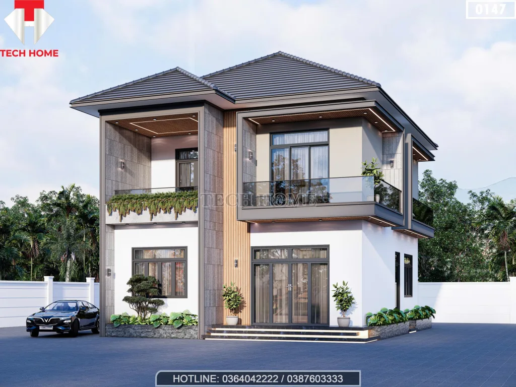 Phối cảnh góc nghiêng mẫu nhà mái nhật 2 tầng hiện đại thấy rõ hệ thống cửa nhôm kính cao cấp.