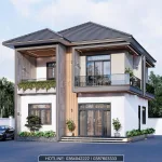 Phối cảnh góc nghiêng mẫu nhà mái nhật 2 tầng hiện đại thấy rõ hệ thống cửa nhôm kính cao cấp.