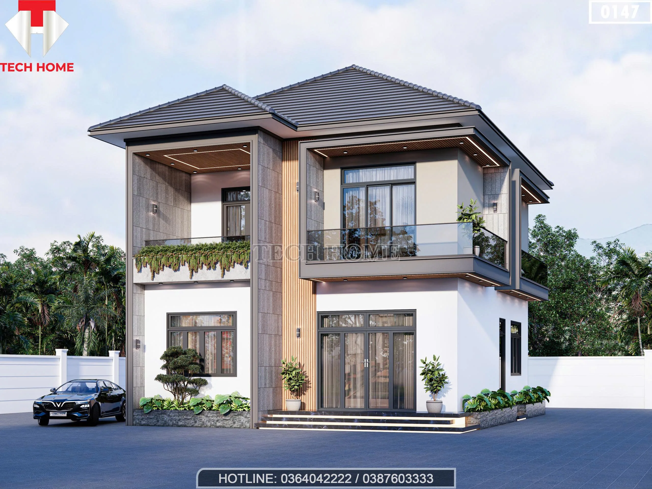 Phối cảnh góc nghiêng mẫu nhà mái nhật 2 tầng hiện đại thấy rõ hệ thống cửa nhôm kính cao cấp.