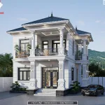 Phối cảnh góc nghiêng mẫu nhà mái nhật 2 tầng tân cổ điển hệ cửa kính xingfa hiện đại.