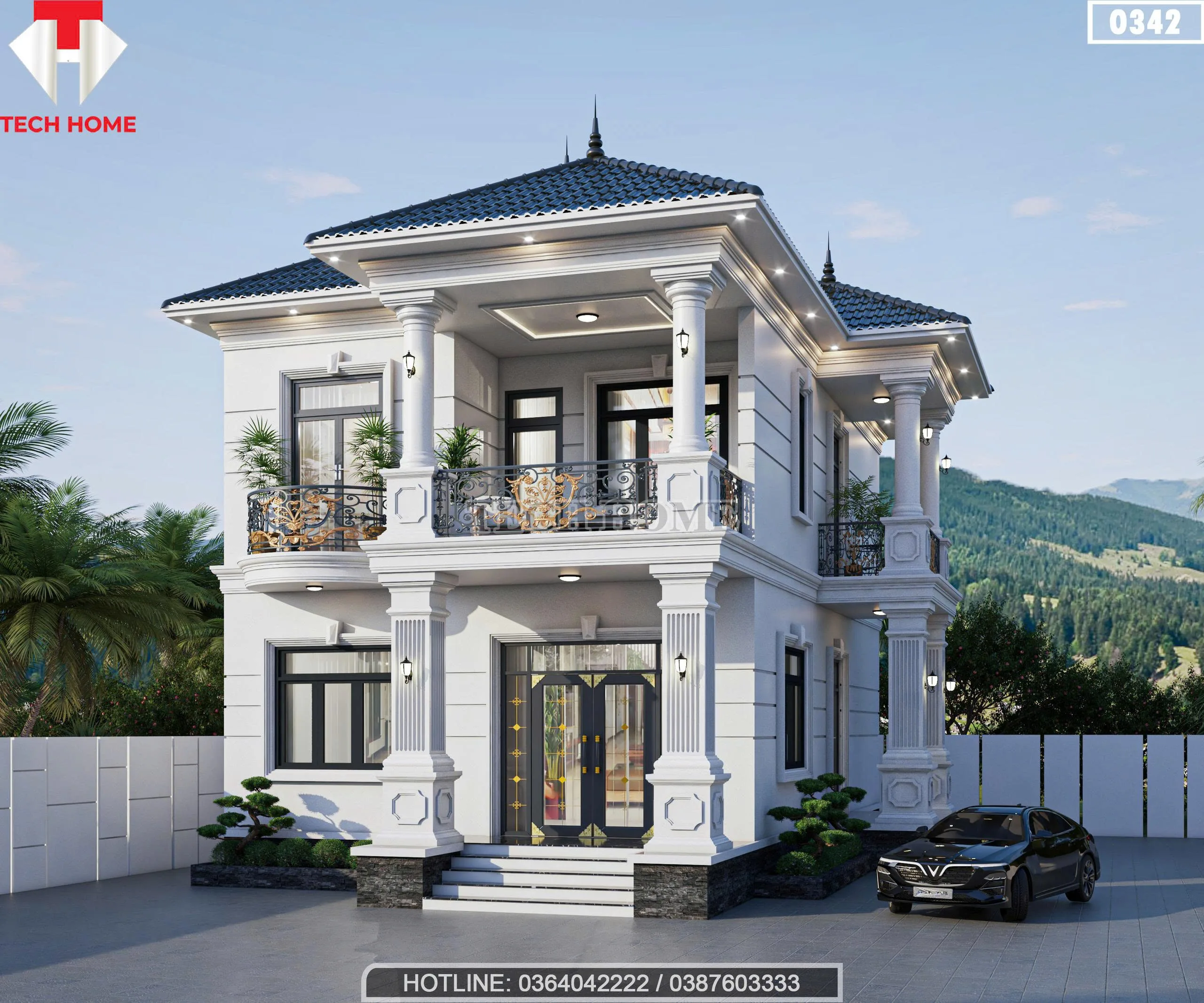 Phối cảnh góc nghiêng mẫu nhà mái nhật 2 tầng tân cổ điển hệ cửa kính xingfa hiện đại.