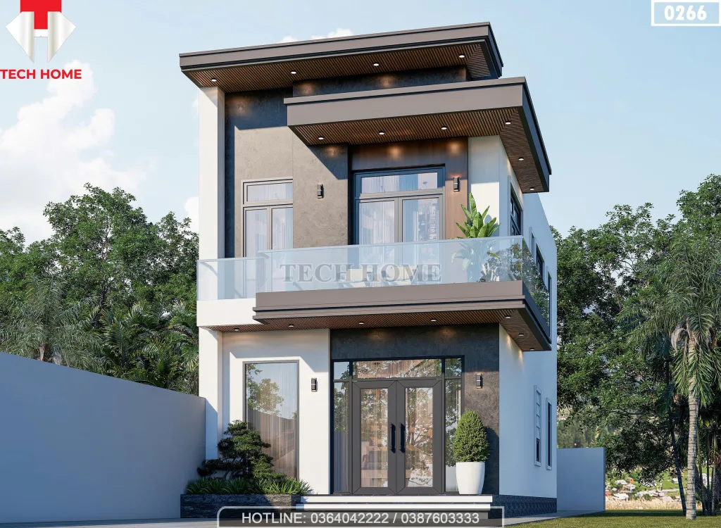 Phối cảnh góc nghiêng hiện đại của mẫu nhà ống 2 tầng hiện đại 6x15m lợp mái tôn lạnh.