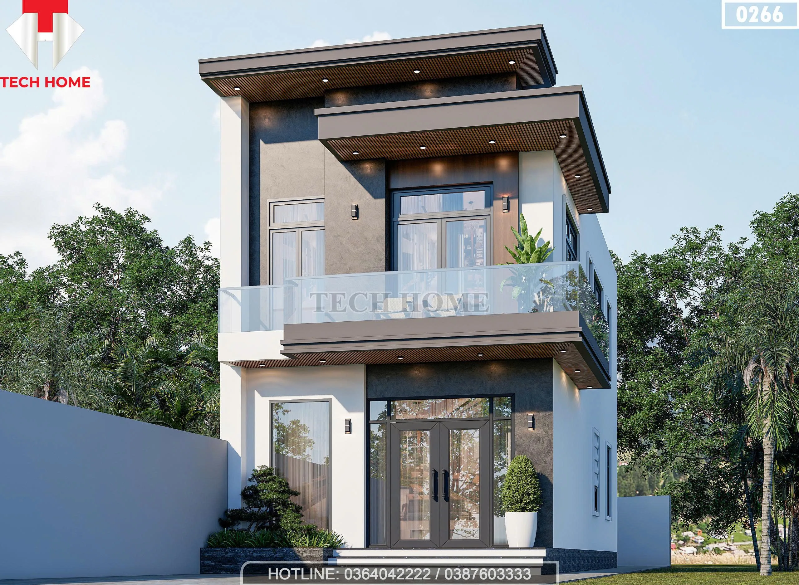 Phối cảnh góc nghiêng hiện đại của mẫu nhà ống 2 tầng hiện đại 6x15m lợp mái tôn lạnh.