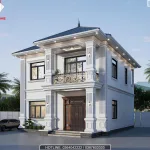 Phối cảnh góc nghiêng bên phải mẫu nhà mái nhật 2 tầng tân cổ điển làm nổi bật lan can nhôm đúc mạ vàng.