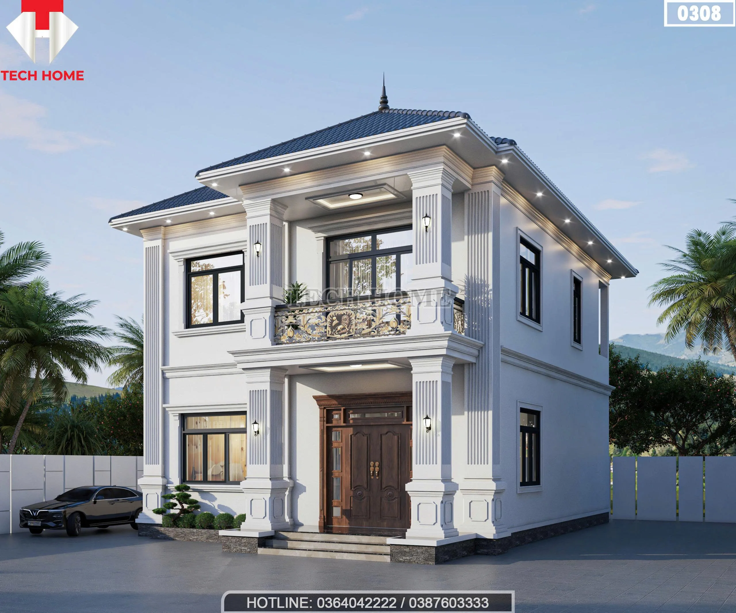 Phối cảnh góc nghiêng bên phải mẫu nhà mái nhật 2 tầng tân cổ điển làm nổi bật lan can nhôm đúc mạ vàng.