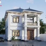 Phối cảnh góc nghiêng bên trái nhà mái nhật 2 tầng tân cổ điển với hệ thống cửa sổ nhôm kính xingfa đón sáng tốt.
