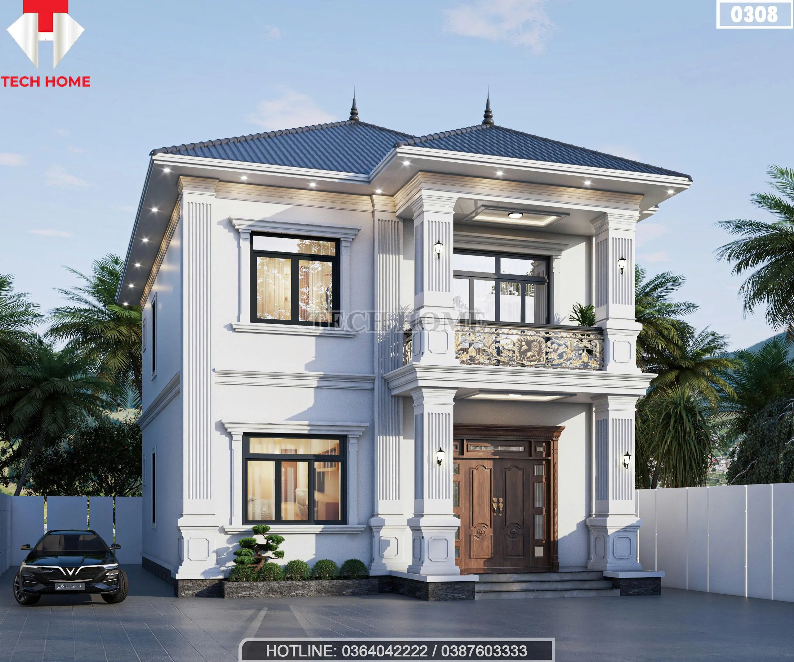 Phối cảnh góc nghiêng bên trái nhà mái nhật 2 tầng tân cổ điển với hệ thống cửa sổ nhôm kính xingfa đón sáng tốt.