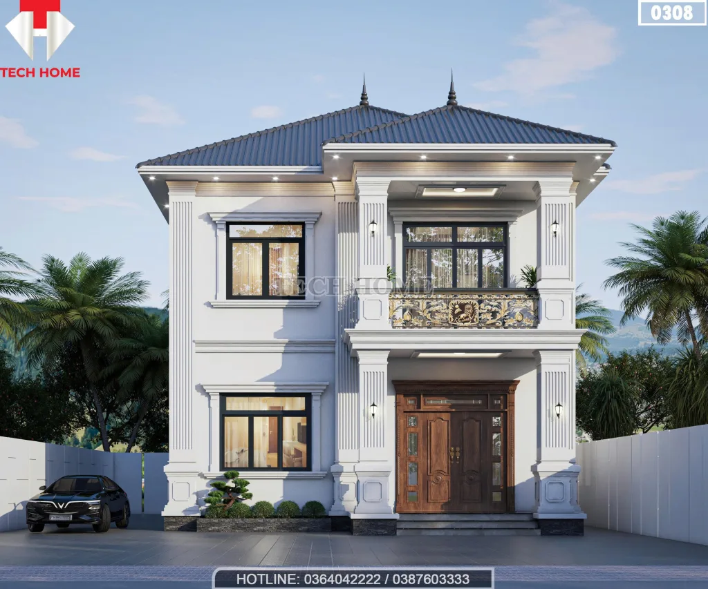 Phối cảnh 3D mặt tiền mẫu nhà mái nhật 2 tầng tân cổ điển sang trọng tại Quảng Trị.