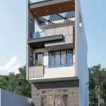 Góc nghiêng bên trái mẫu thiết kế nhà đẹp Hải Phòng làm nổi bật hình khối kiến trúc vuông vắn và hệ thống ban công kính cường lực hiện đại.