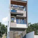 Phối cảnh góc nghiêng bên phải công trình nhà phố hiện đại cho thấy cách xử lý hệ thống cửa sổ nhôm kính tối ưu ánh sáng của Techhome.