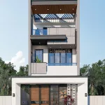 Phối cảnh 3D mặt tiền chính diện mẫu thiết kế nhà đẹp Hải Phòng 3 tầng hiện đại có cổng và hàng rào kiên cố cho nhà anh Mạnh.
