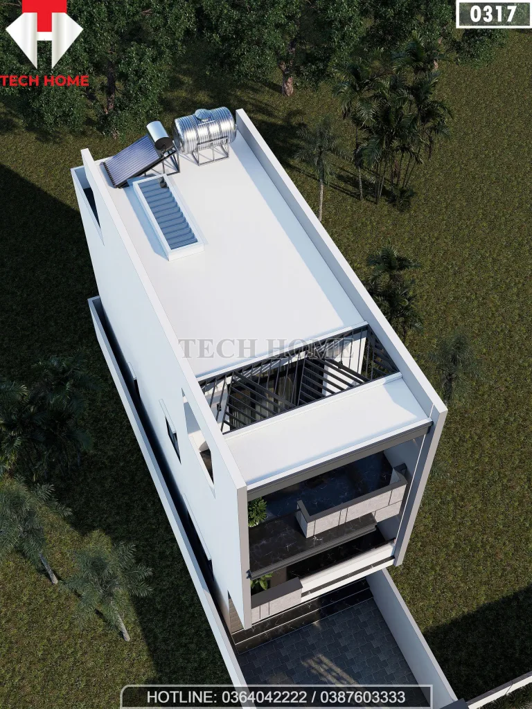 Góc nhìn tổng thể từ trên cao xuống mặt tiền mẫu thiết kế nhà đẹp Hải Phòng làm rõ hệ lam bê tông thông thoáng tại không gian tầng tum.