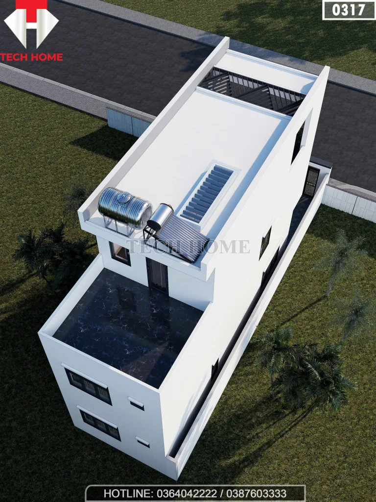 Toàn cảnh từ trên cao nhìn về phía sau ngôi nhà phố cho thấy vị trí lắp đặt hệ thống bồn nước, thái dương năng và khu vực sân phơi rộng rãi.