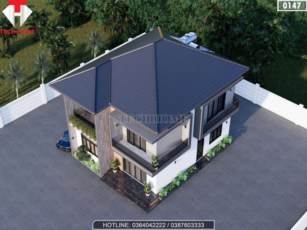 Góc nhìn tổng thể từ trên cao mẫu nhà mái nhật 2 tầng hiện đại lợp ngói màu cao cấp bề thế.