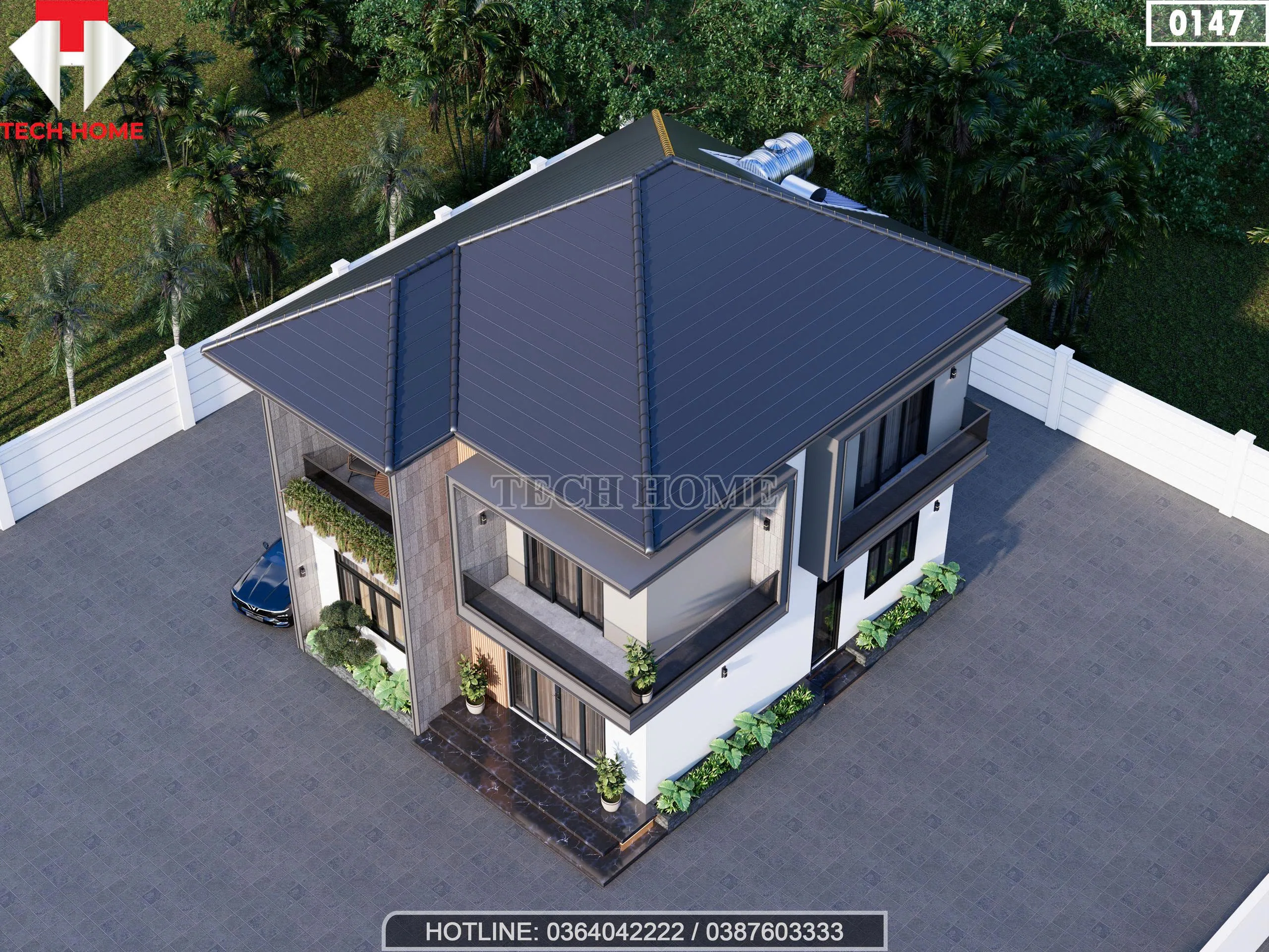 Góc nhìn tổng thể từ trên cao mẫu nhà mái nhật 2 tầng hiện đại lợp ngói màu cao cấp bề thế.