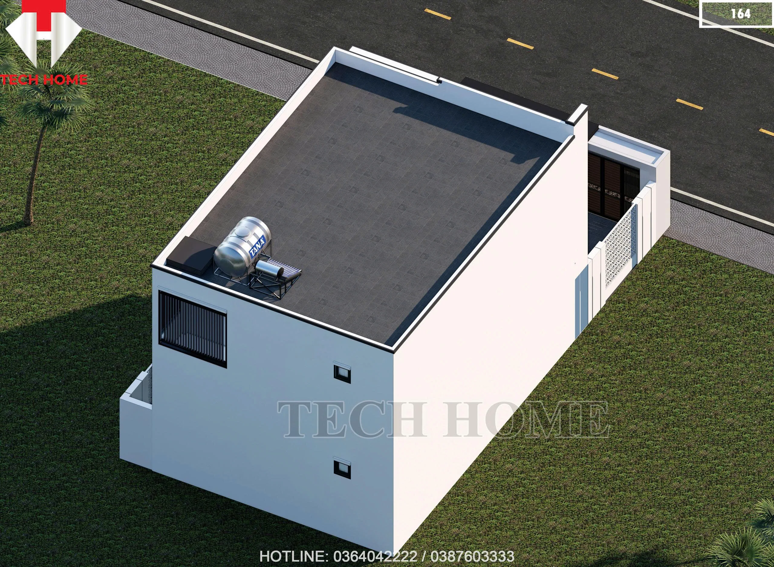 Tổng thể mặt sau mẫu nhà 2 tầng hiện đại 100m2