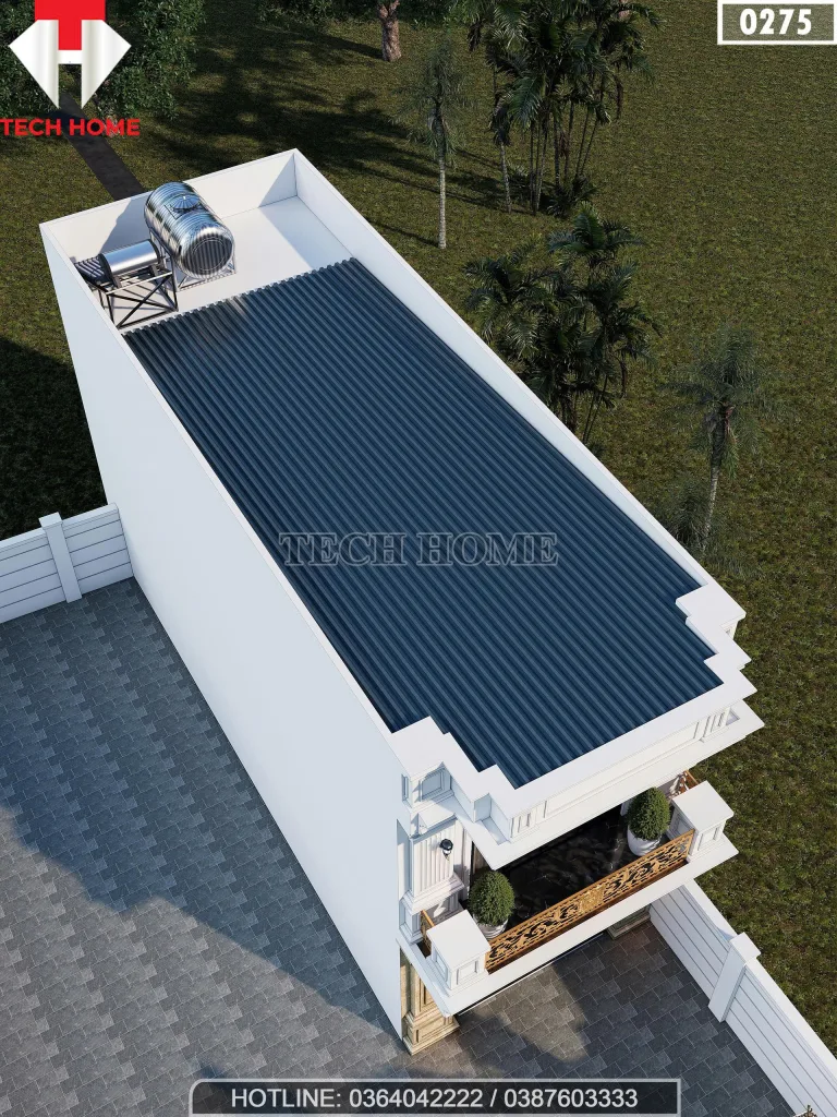 Tổng thể mẫu nhà phố 2 tầng tân cổ điển nhìn từ trên cao với hệ mái tôn chống nóng.