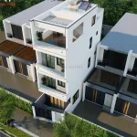 Góc nhìn tổng thể từ trên cao mẫu nhà ống 4 tầng hiện đại bố trí không gian sân thượng mở thoáng đãng.