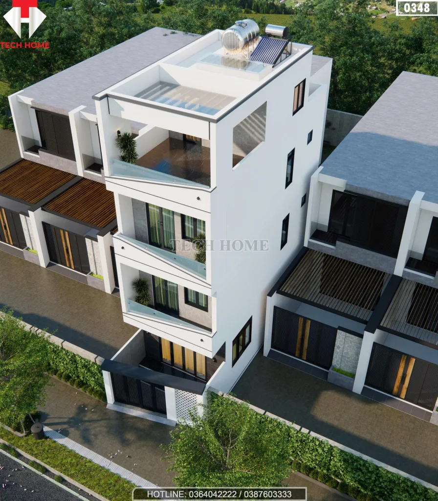 Góc nhìn tổng thể từ trên cao mẫu nhà ống 4 tầng hiện đại bố trí không gian sân thượng mở thoáng đãng.