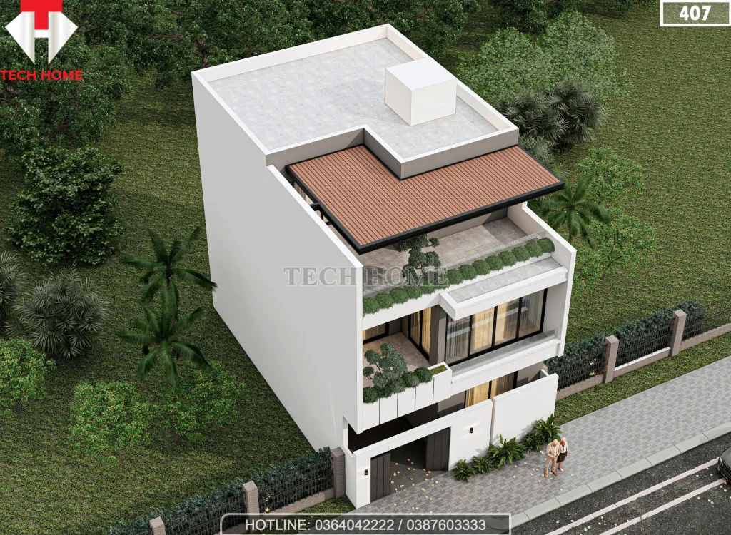Tổng thể Mẫu nhà phố 3 tầng hiện đại tại Bắc Ninh nhìn từ trên cao xuống.