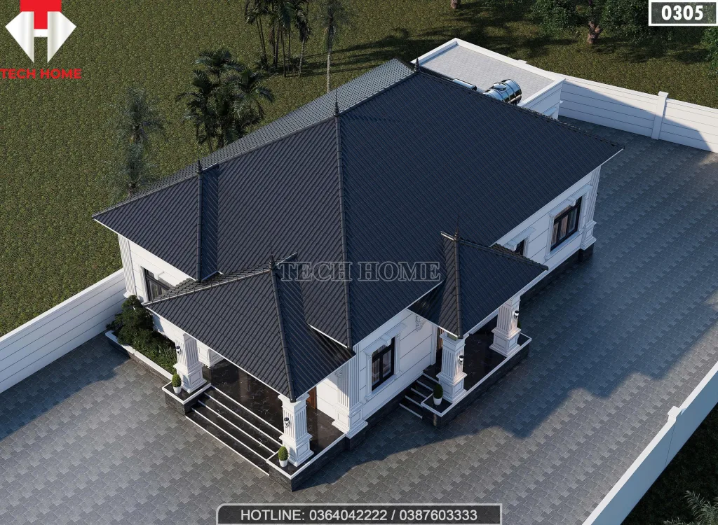 Phối cảnh tổng thể từ trên cao mẫu nhà mái Nhật 1 tầng lợp ngói màu xanh ghi lịch lãm.