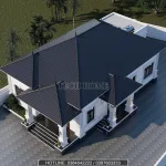 Phối cảnh tổng thể từ trên cao mẫu nhà mái Nhật 1 tầng lợp ngói màu xanh ghi lịch lãm.