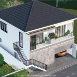 Tổng thể góc nhìn từ trên cao mẫu nhà mái Nhật 2 tầng có gara lợp ngói màu xanh đen sang trọng.