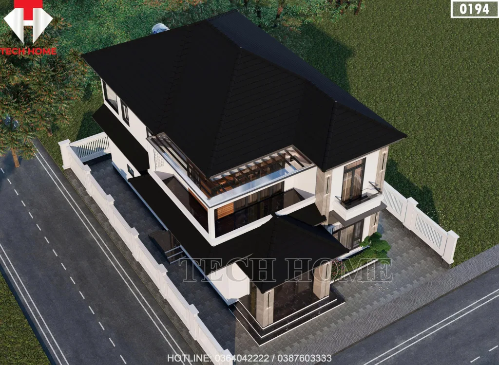 Tổng thể phối cảnh từ trên cao mẫu nhà mái Nhật 2 tầng lợp ngói màu xanh đen sang trọng với diện tích 250m2.
