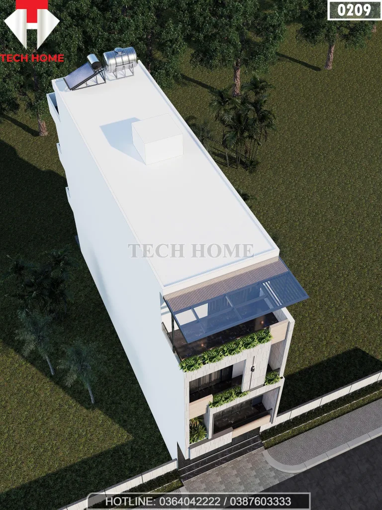 Tổng thể mẫu nhà phố 3 tầng hiện đại nhìn từ trên cao với tầng tum và sân chơi rộng.