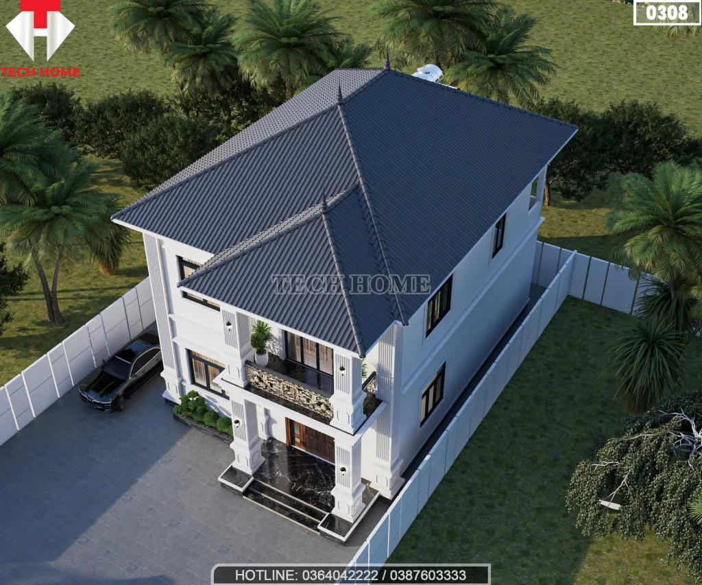 Toàn cảnh khuôn viên sân vườn rộng rãi bao quanh chân tường căn nhà mái nhật 2 tầng tân cổ điển hiện đại.