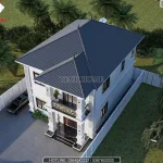 Toàn cảnh khuôn viên sân vườn rộng rãi bao quanh chân tường căn nhà mái nhật 2 tầng tân cổ điển hiện đại.