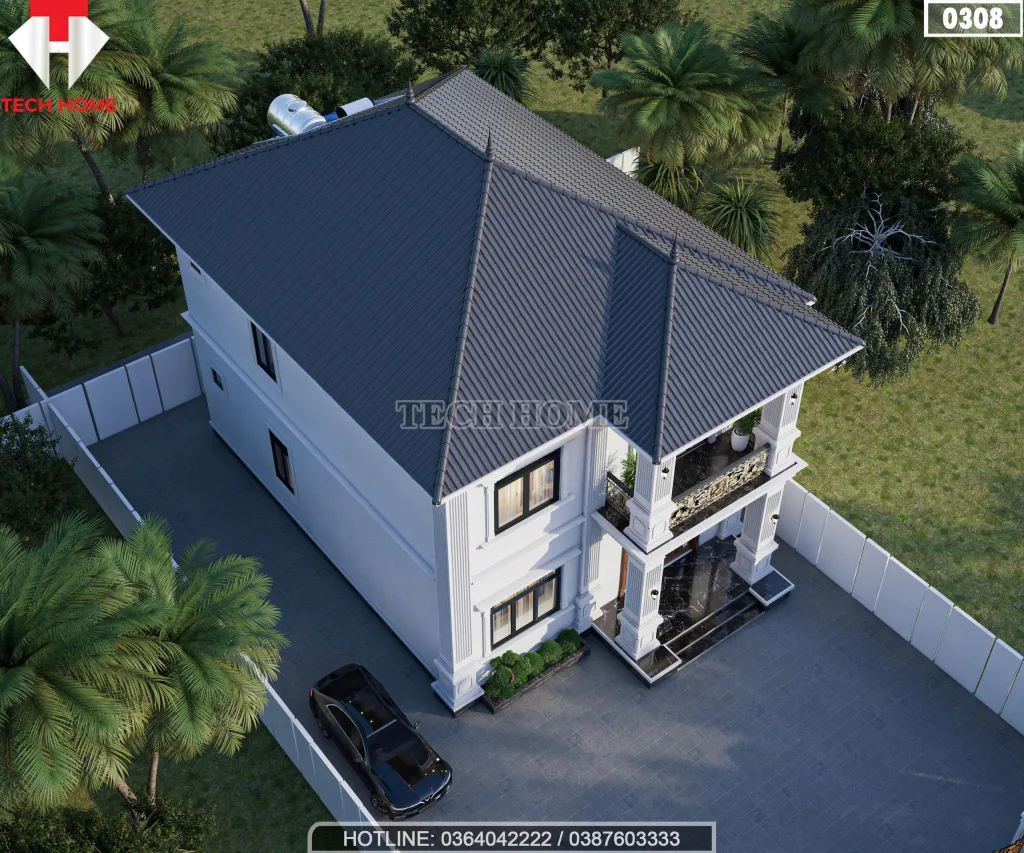 Góc view từ trên cao nhìn xuống hệ mái Nhật màu xanh thẫm giật cấp đan xen của mẫu biệt thự 2 tầng tân cổ điển.