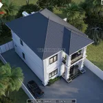 Góc view từ trên cao nhìn xuống hệ mái Nhật màu xanh thẫm giật cấp đan xen của mẫu biệt thự 2 tầng tân cổ điển.