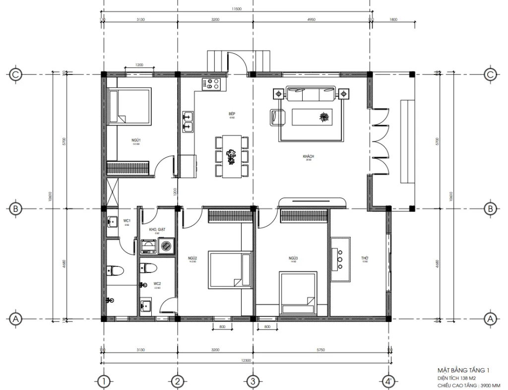 Bản vẽ sơ đồ mặt bằng công năng 1 tầng 3 phòng ngủ diện tích 138m2 của mẫu nhà cấp 4 mái nhật đẹp.