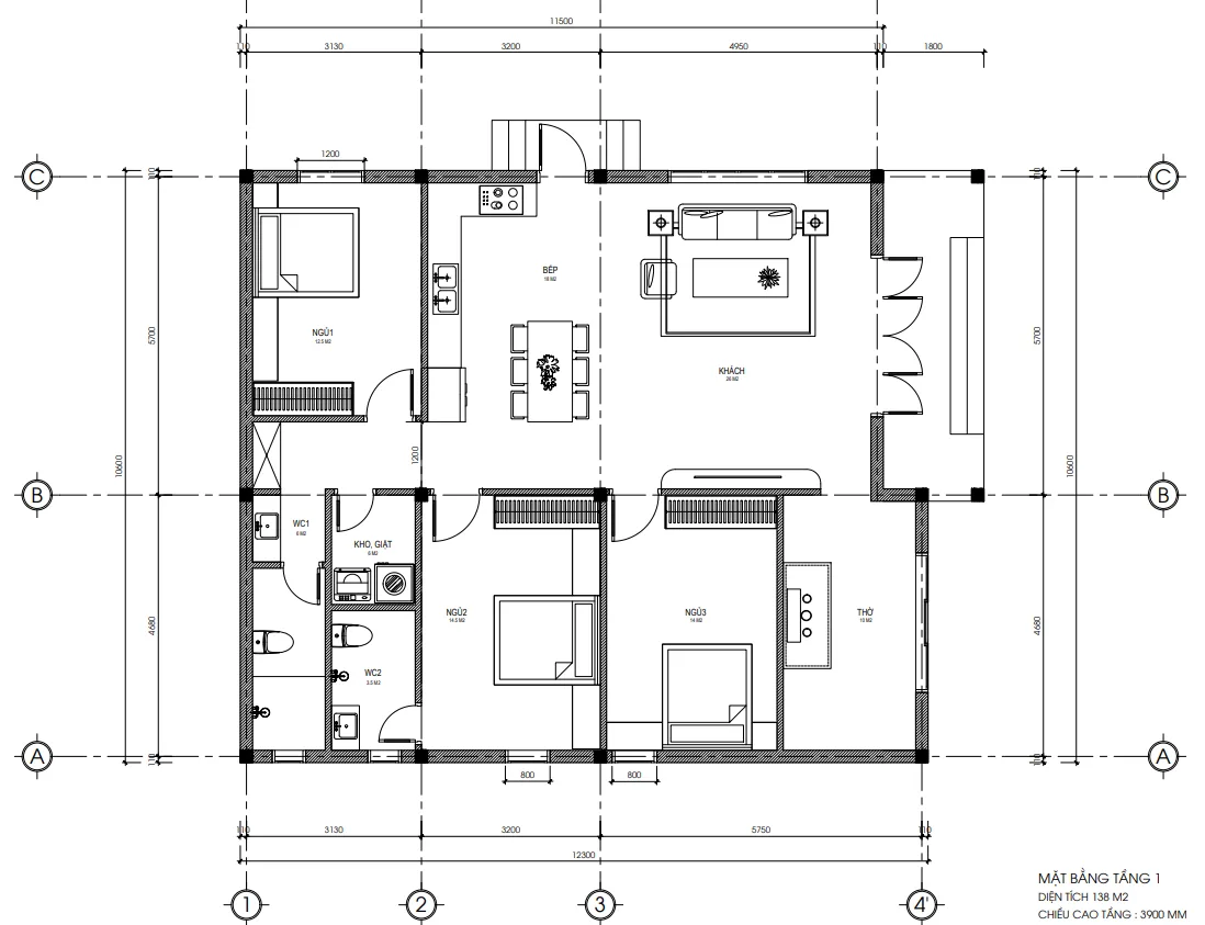 Bản vẽ sơ đồ mặt bằng công năng 1 tầng 3 phòng ngủ diện tích 138m2 của mẫu nhà cấp 4 mái nhật đẹp.