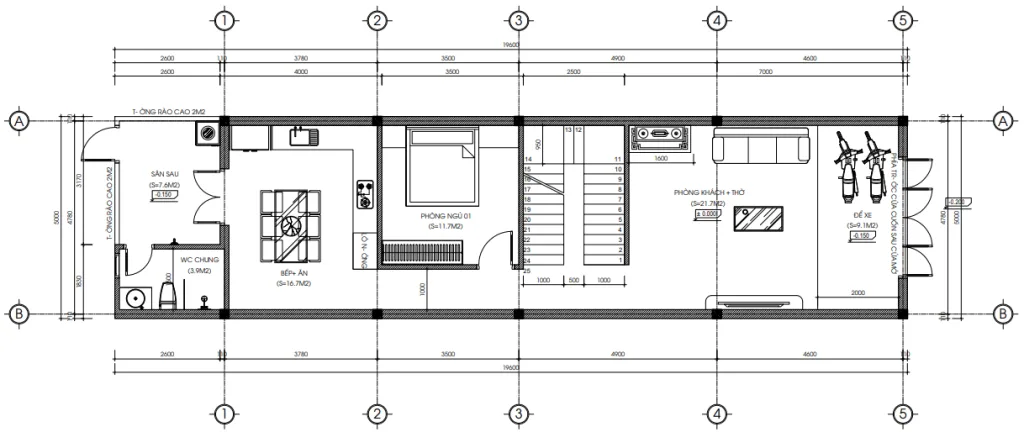 Bản vẽ chi tiết bố trí mặt bằng công năng tầng 1 mẫu nhà ống 3 tầng hiện đại diện tích 5x19.6m.